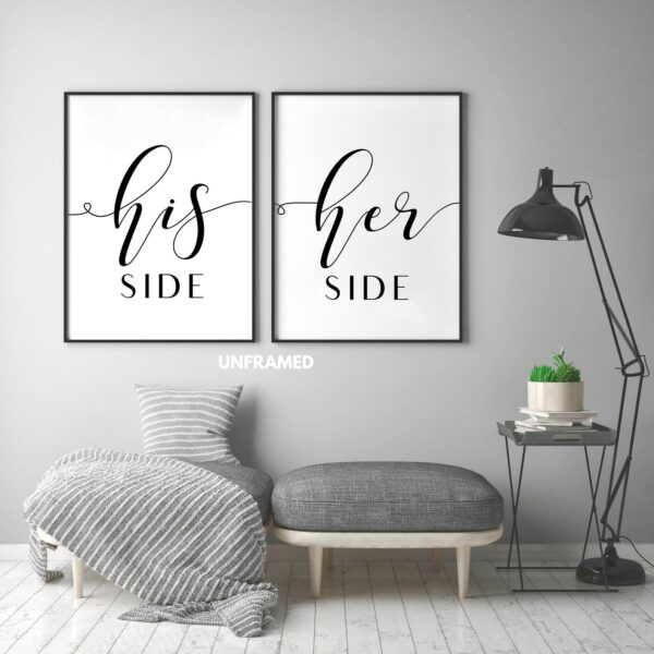 His Side Her Side, Set of 2 Prints, Minimalist Art, Typography Art, Wall Art, Multiple Sizes, Home Wall Art