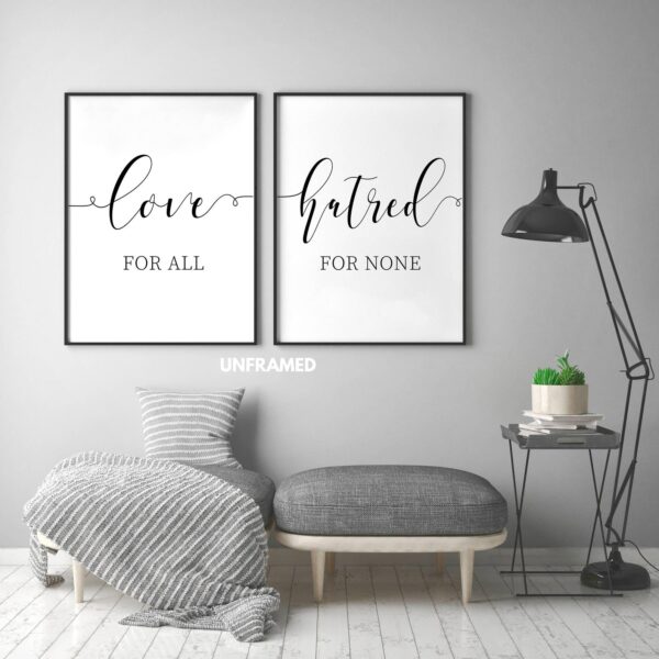 Love for All Hatred for None, Set of 2 Prints, Minimalist Art, Typography Art, Wall Art, Multiple Sizes, Home Wall Art