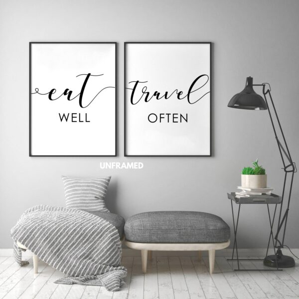 Eat Well Travel Often, Set of 2 Prints, Minimalist Art, Typography Art, Wall Art, Multiple Sizes, Home Wall Art