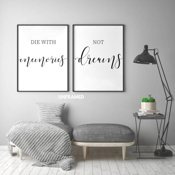 Die With Memories Not Dreams, Set of 2 Prints, Minimalist Art, Typography Art, Wall Art, Multiple Sizes, Home Wall Art