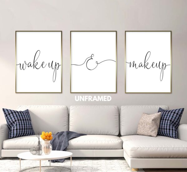 Wake Up and Make Up Wall Art, Bedroom Wall Decor, Beauty Minimalist Typography Wall Print Decor, Wall Art Decor Canvas Poster Set of 3