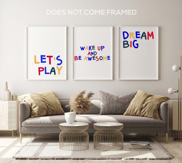 Lets Play, Wake Up and Be Awesome, Dream Big Set of 3 Prints, Minimalist Art, Home Wall Decor, Typography Art, Wall Art, Multiple Sizes