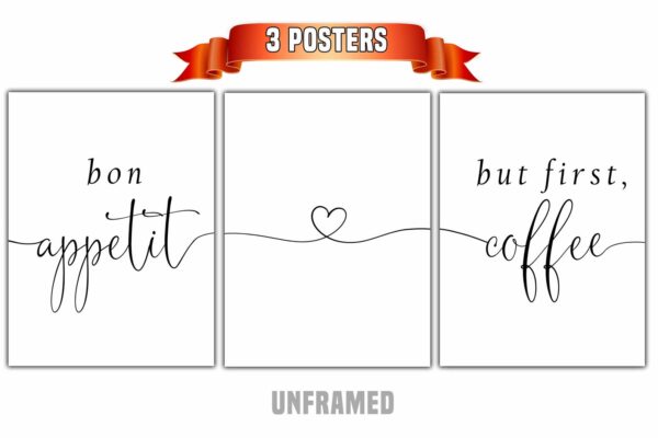 Bon Appetit, But First Coffee, Set of 3 Poster Prints, Minimalist Art, Home Wall Decor, Multiple Sizes