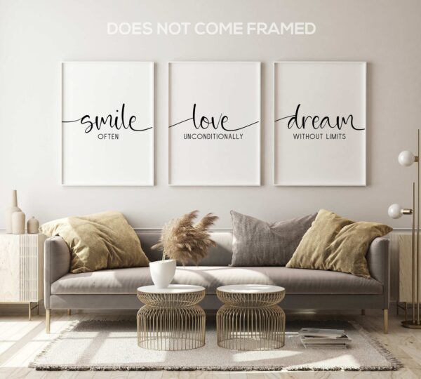 Smile Love Dream, Set of 3 Poster Prints, Minimalist Art, Home Wall Decor, Multiple Sizes