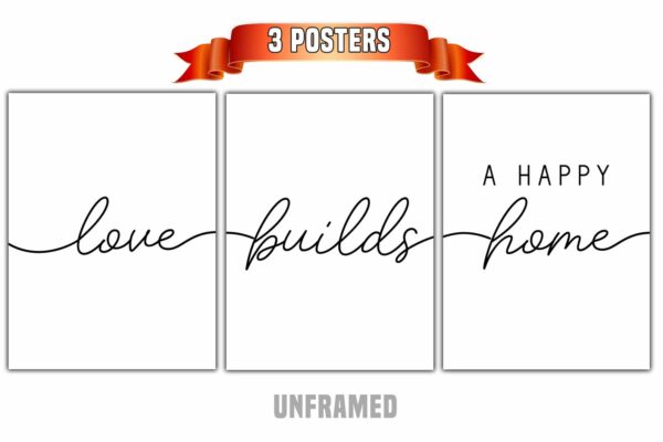 Love Builds a Happy Home, Set of 3 Poster Prints, Minimalist Art, Home Wall Decor, Multiple Sizes