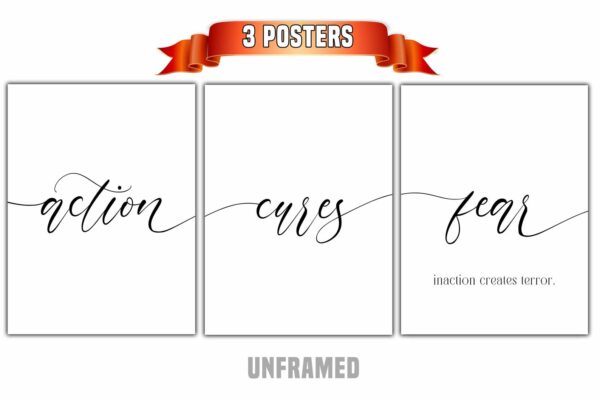 Action Cures Fear, Set of 3 Poster Prints, Minimalist Art, Home Wall Decor, Multiple Sizes
