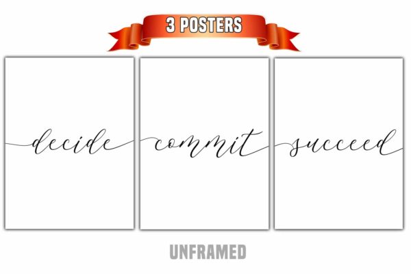 Decide Commit Succeed, Set of 3 Poster Prints, Minimalist Art, Home Wall Decor