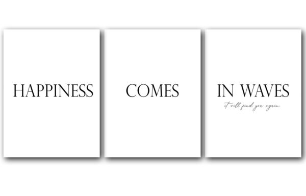 Happiness Comes In Waves, Set of 3 Poster Prints, Minimalist Art, Home Wall Decor