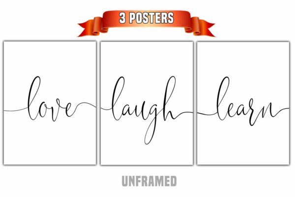 Love Laugh Learn, Set of 3 Prints, Home Wall Décor Art, Typography, Multiple Sizes
