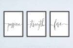 Passion Strength Fire, Set of 3 Prints, Minimalist Art, Home Wall Decor, Multiple Sizes